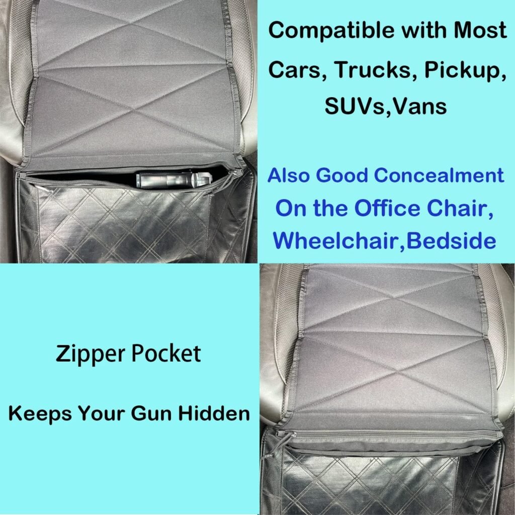 Concealed Car Seat Carry Holster with Zipper Pocket for Concealed Carry Pistol Gun Holder Glock SW LCP 1911-Universal Tactical Car Seat Cover Fits Most Cars SUV Truck Pickup  Mattress