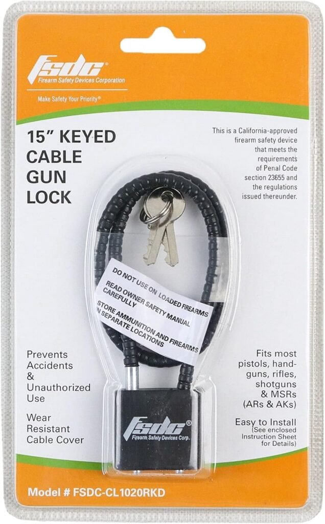 (Firearm Safety Devices - FSDC-CL1020RKD 15 Gun Cable Lock with 2 Keys - California DOJ Approved Lock - Scratch-Resistant Plastic Body  Cable Cover