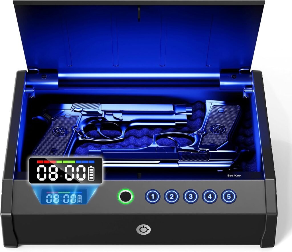 Gun Safe, Biometric Gun Safes for pistol with LCD of Battery, USB-C Port, Fingerprint Quick Access Handgun Safe Portable for Car Bedside Nightstand