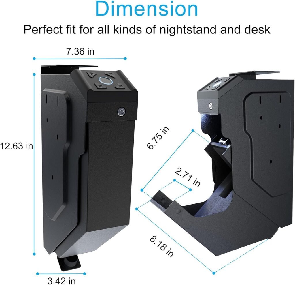 Gun Safe Biometric Quick Access Handgun Safes for Pistols Bedside Fingerprint Pistol safe Nightstand Smart Gun Safety Wall Mount Desk Keypad Key