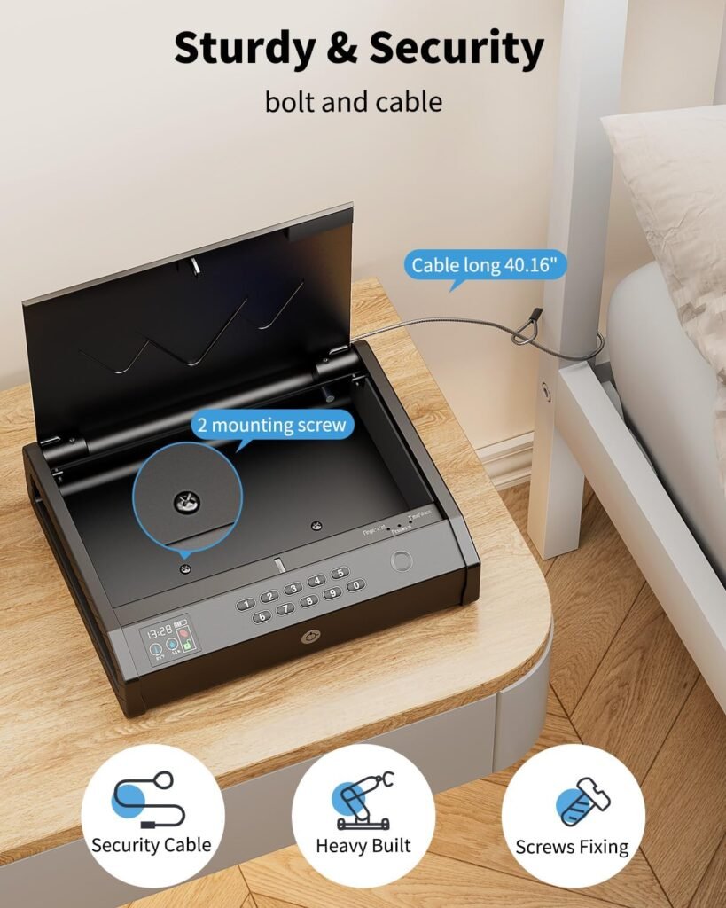 movgul Gun Safes, Biometric Pistol Safe with LCD Display of Temperature Humidity USB Port, Gun Safes 3 Ways Quick Access Fingerprint Handgun Safe for Nightstand Car
