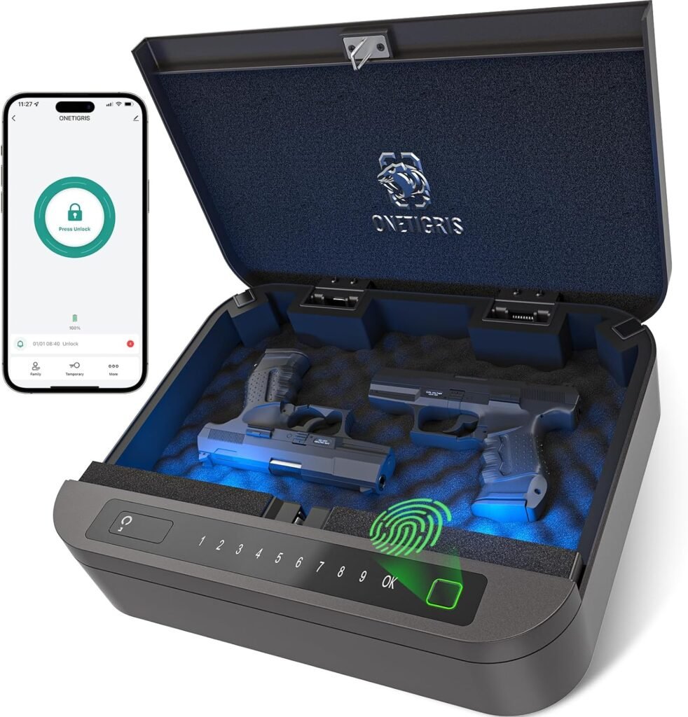 OneTigris Biometric Handgun Safe, 0.1S Smart APP Quick Access Gun Safe Fingerprint Lock Box for Nightstand with Fingerprint Lock, Numeric Code, Backup Keys, Ideal for Home, Bedside, and Car - Brown