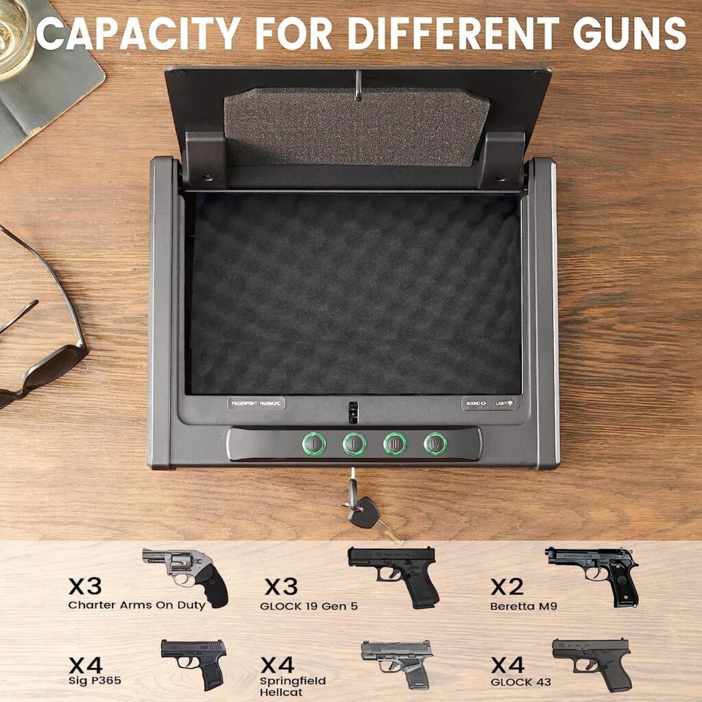 SOULYI Digital Gun Safe for 3 Pistols Safe DOJ Certified with 3 Quick Access Handgun Safe, Keypad Frosted Black Bedside Firearm Safe Hardened Steel Lock Box