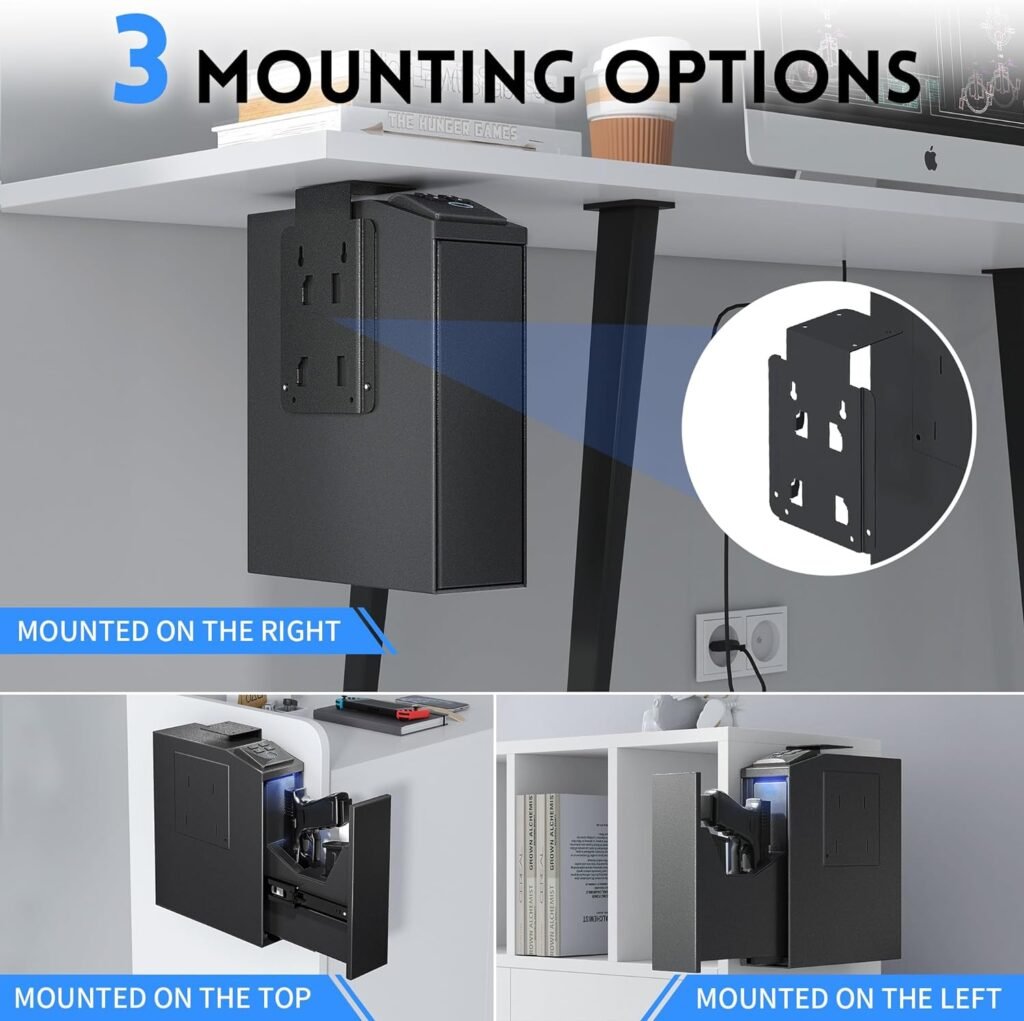 11.8” Gun Safe Biometric Pistol Safe, Mounted Nightstand Quick Access Handgun Safe and Gun Lock Box for Car, Truck, Desk, Bedside, Wall with Security Fingerprint, Key Access, PIN Code