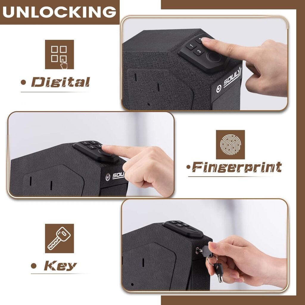 SOULYI Mounted Biometric Gun Safe For Pistols, Auto Open Handgun Safe, Pistol Safe With Fingerprint Keypad Key Quick Access For Guns Storage By Desk Nightstand Wall Cabinet