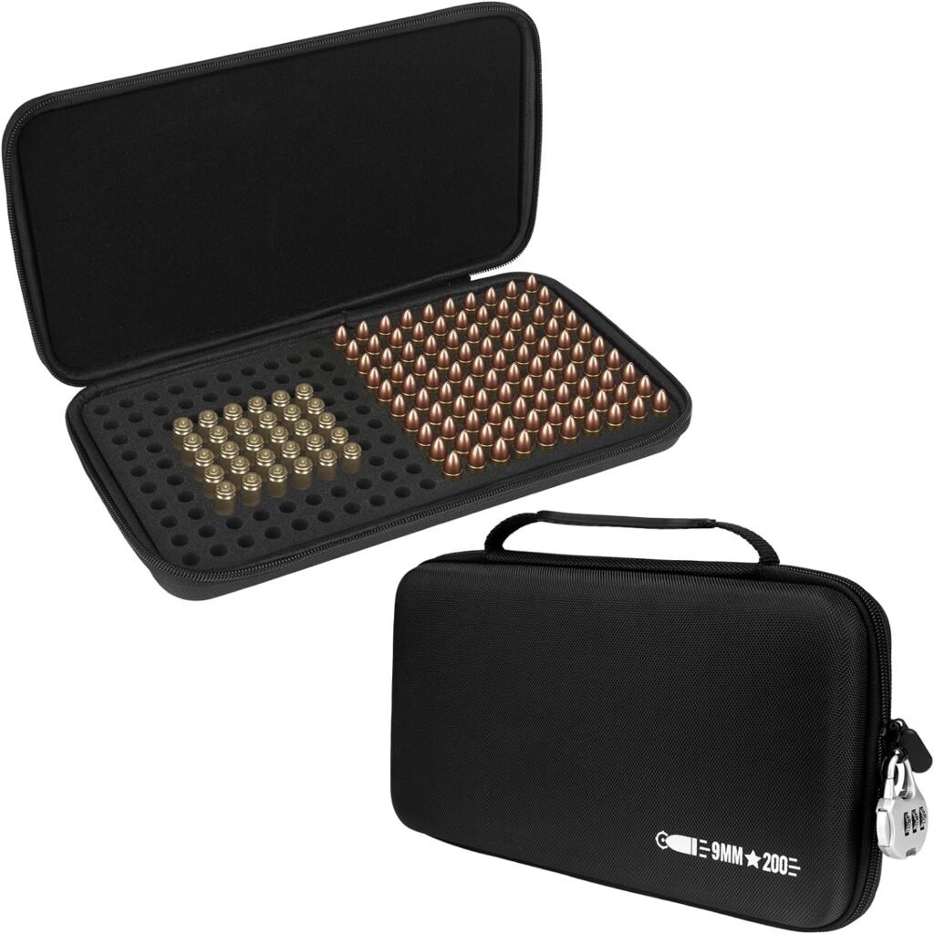 200 Round 9MM Ammo Case, Bullet Case Compatible with 9mm Luger, 9mm Parabllum, 9mm Makaro, 45 ACP, 380 ACP, 32 ACP, 30 Luger, 32 SW, 40 SW, Locking Travel Safe 9MM Ammo Storage Box