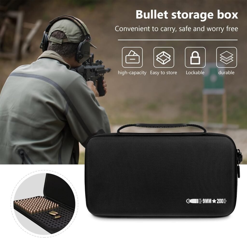 200 Round 9MM Ammo Case, Bullet Case Compatible with 9mm Luger, 9mm Parabllum, 9mm Makaro, 45 ACP, 380 ACP, 32 ACP, 30 Luger, 32 SW, 40 SW, Locking Travel Safe 9MM Ammo Storage Box