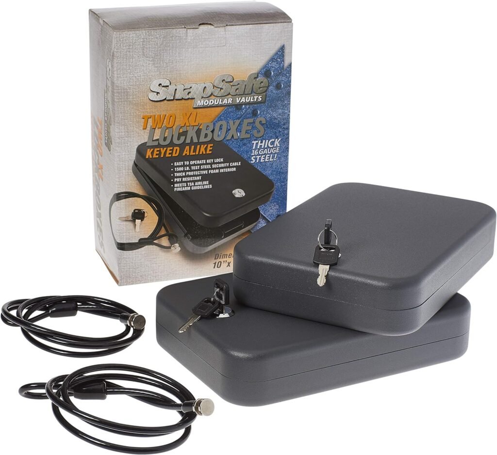 SnapSafe Portable Lock Box for Guns and Valuables, 2 Pack - Includes 2 Lock Boxes (Keyed Alike), 4 Keys and 1500 Pound Patented Security Cable - Thick 16-Gauge Steel - An Ideal Car Gun Safe