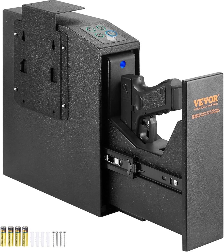 VEVOR Mounted Gun Safe for Pistols, Biometric Gun Safe with Three Quick Access Ways of Fingerprints, Passwords and Keys, Handgun Safe for 1 Pistol for Home, Bedside, Nightstand, Wall