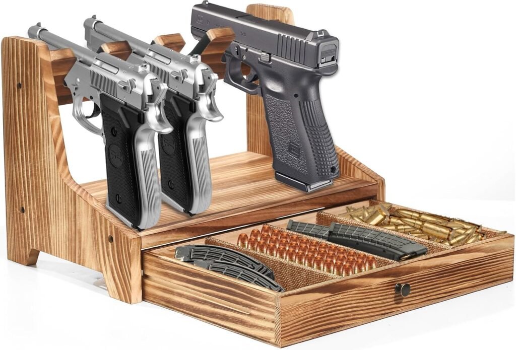 Car Gun Safe(Leather Logo), Portable Biometric Safes for Pistols with Cable  4-Slot Wooden Pistol Rack