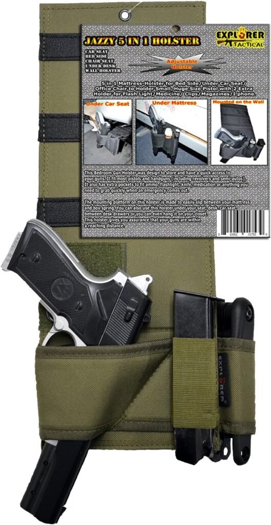 Explorer Adjustable Under Mattress Bedside Pistol Holster Car Seat Desk Closet Gun Handgun Holster with Flashlight Loop Magazine Holder (OD Green Bed Holster)