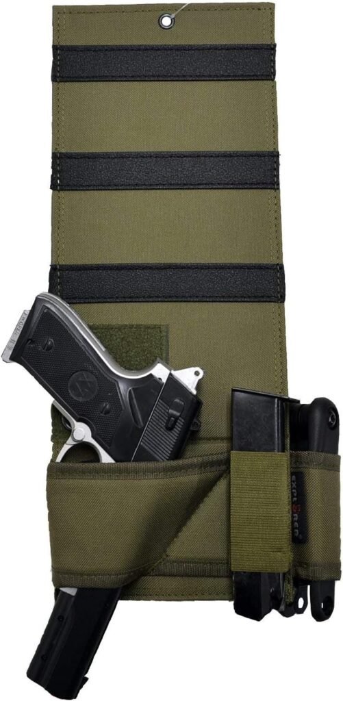 Explorer Adjustable Under Mattress Bedside Pistol Holster Car Seat Desk Closet Gun Handgun Holster with Flashlight Loop Magazine Holder (OD Green Bed Holster)