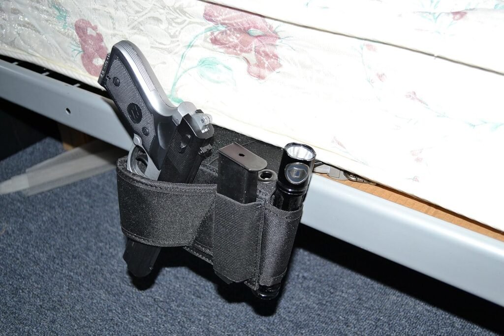 Explorer Bed Mattress Gun Holder - Car Seat Pistol Gun Holster - Adjustable Under Mattress Bedside Pistol Gun Holster Car Seat Desk Closet Gun Handgun Holster with Flashlight Loop Magazine Holder